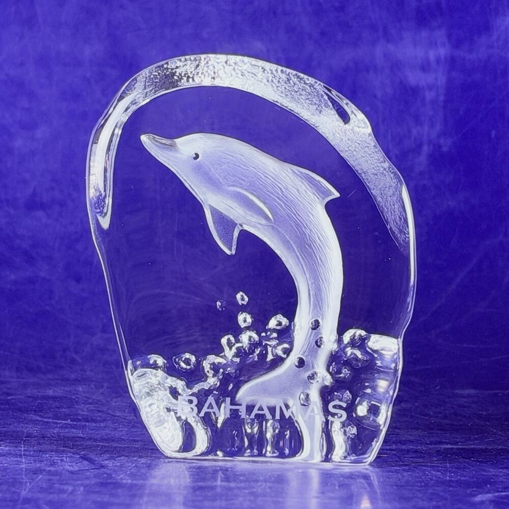 Nybro Sweden Dolphin Paperweight SIGNED Ice Block Crystal Frosted Bahamas